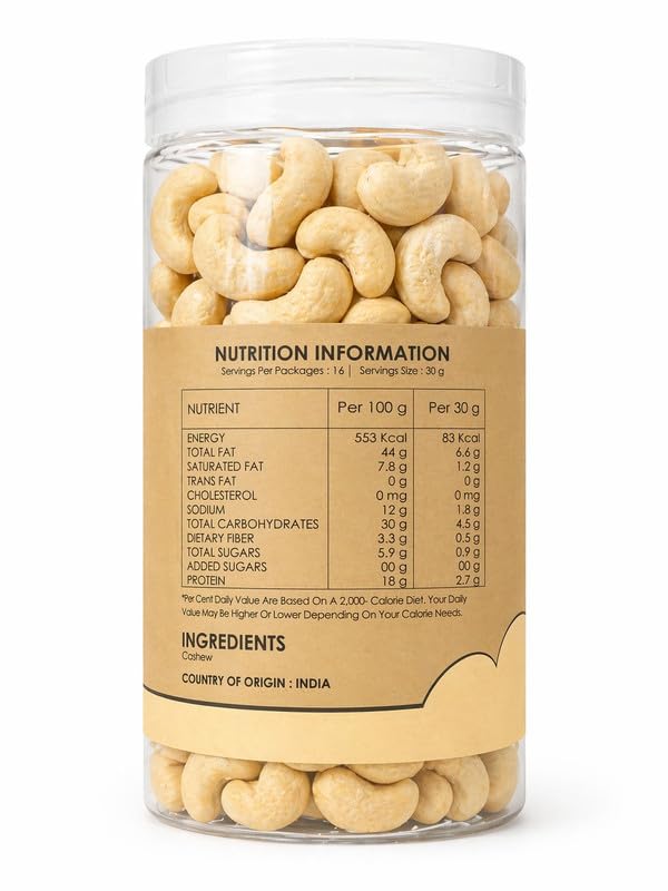 Premium Whole Cashew Nuts | Kaju Dry Fruits, Whole Crunchy Cashews | Rich in Protein, & Nutritious | Gluten Free & Plant based Protein | Kaju Jar